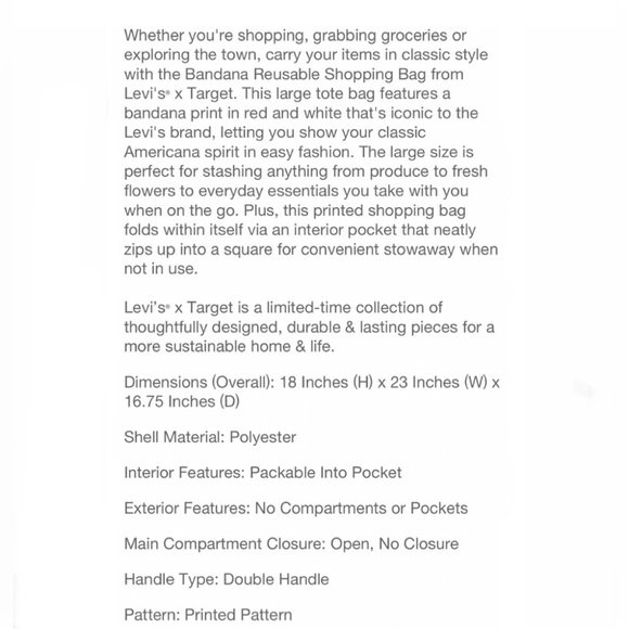 NEW! LEVI’S x Target Red Bandana Nylon Reusable Foldable Tote Bag, NWT! - Picture 3 of 10